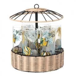 Maisons Du Monde Verres à Eau Chopes En Verre (x6) Motifs Poissons Jaunes, Verts Et Turquoise Support En Rotin Façon Paillotte