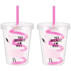 Maisons Du Monde Verres à Eau Gobelet Avec Paille Tourbillon En Plastique Rose Imprimé - Lot De 2