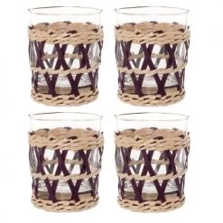 Maisons Du Monde Verres à Eau Gobelet En Verre Et Fibre Végétale Tressée Mauve Et Beige - Lot De 4