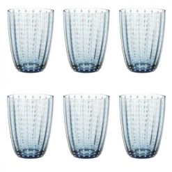 Maisons Du Monde Verres à Eau Gobelet En Verre Teinté Bleu Gris Motifs Traits Blancs - Lot De 6