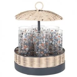 Maisons Du Monde Verres à Eau Verres (x6) En Verre Transparent Motif Floral Bleu Gris Et Rose Support Façon Paillotte En Rotin